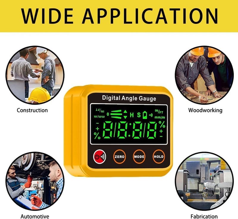 OUTIL Magnetic Digital Angle Finder Protractor Inclinometer - Cube Digital Level Angle Gauge with Magnetic Base and Backlight - Precision Level Box for Woodworking, Construction, Machinery, Masonry (yellow) - Image 5